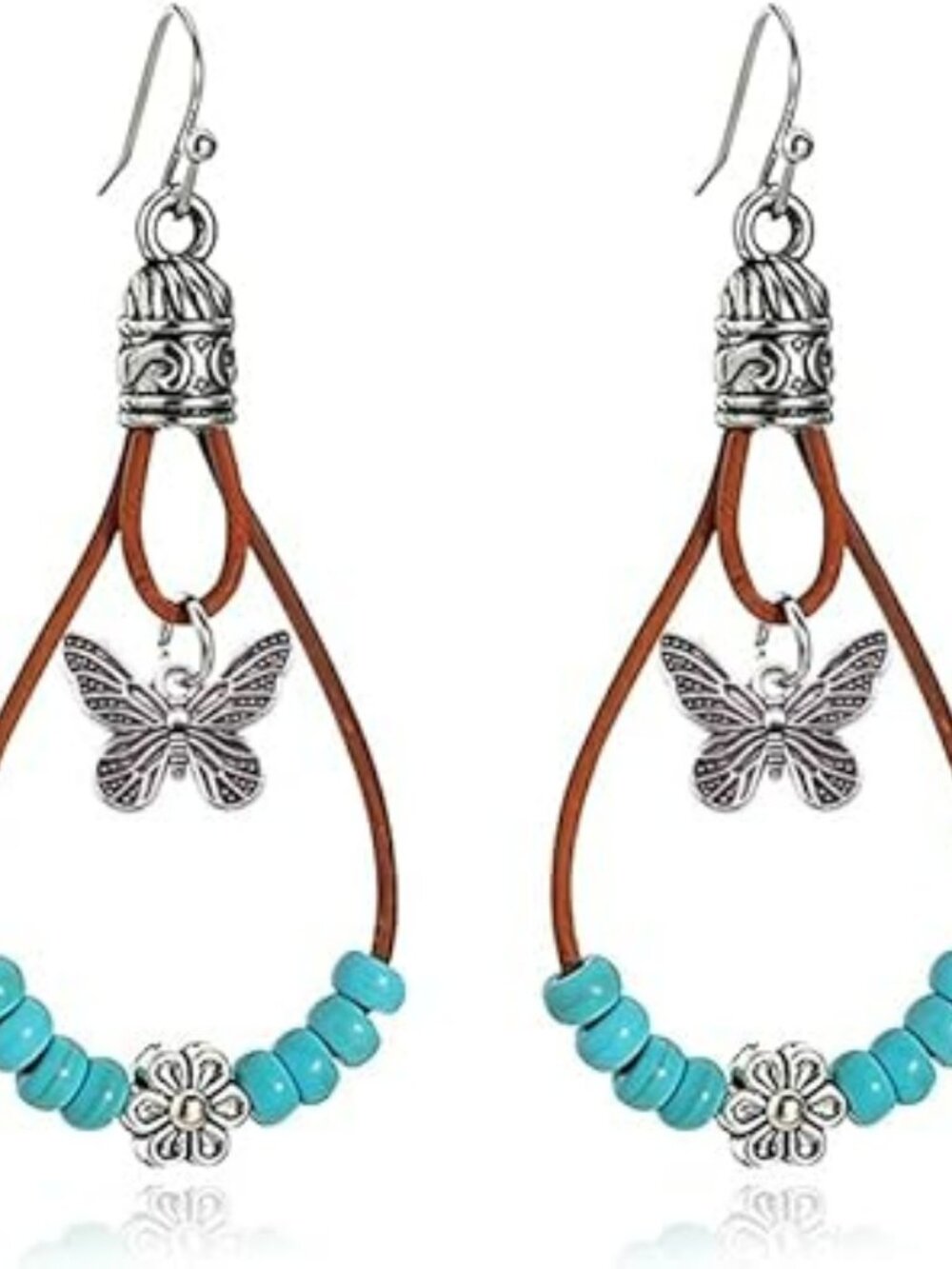 New - Boho Earrings Western Butterfly Stone Flower Turquoise Leather Rope